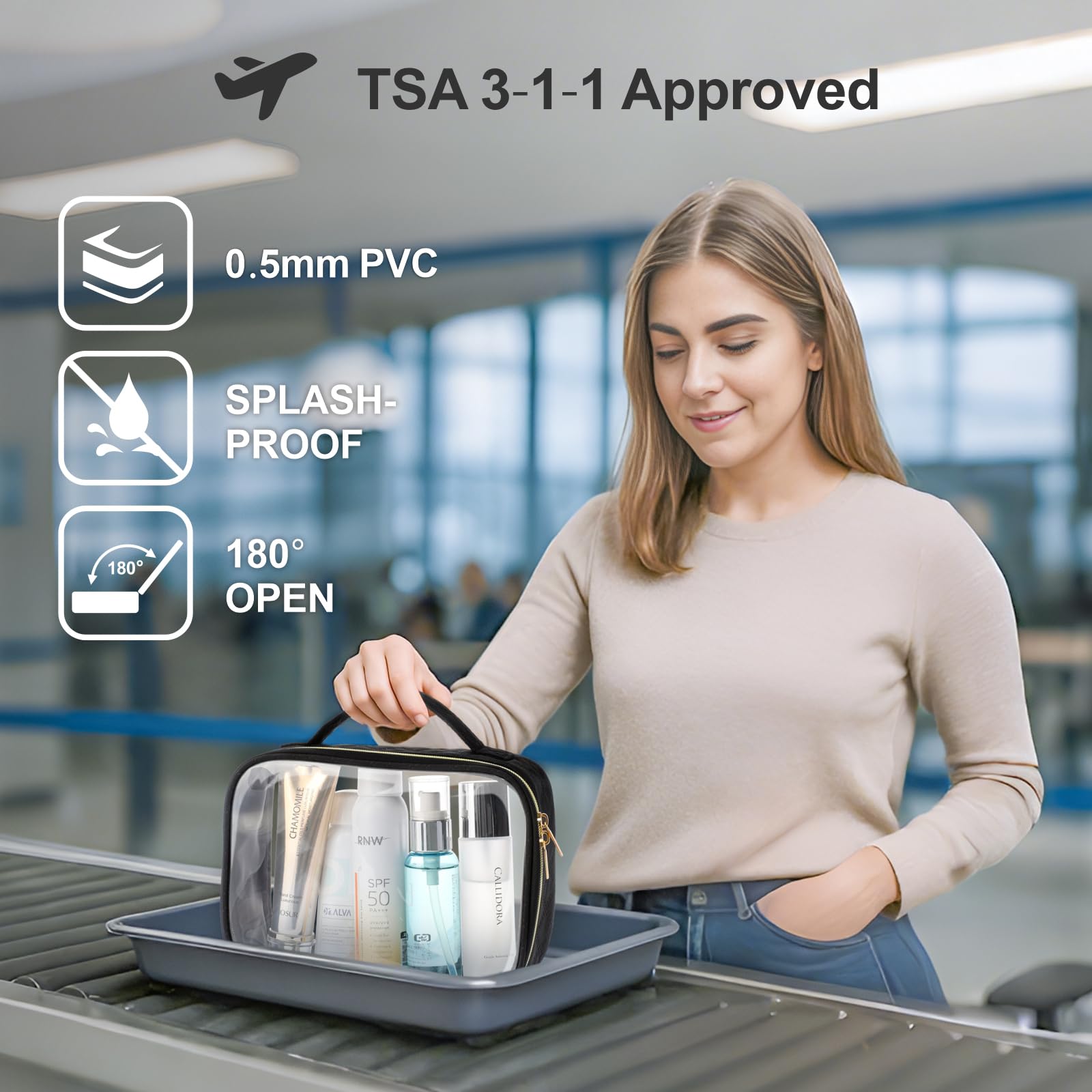 PACKISM sac-toilette transparent grand avec poignee, idéal pour bagage en soute.