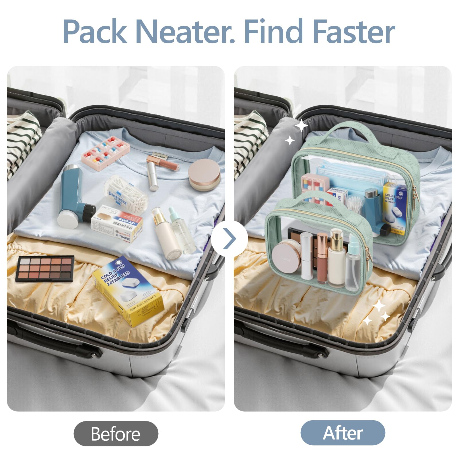 Packism trousse transparente avec poignée, rangement organisé pour essentiels.