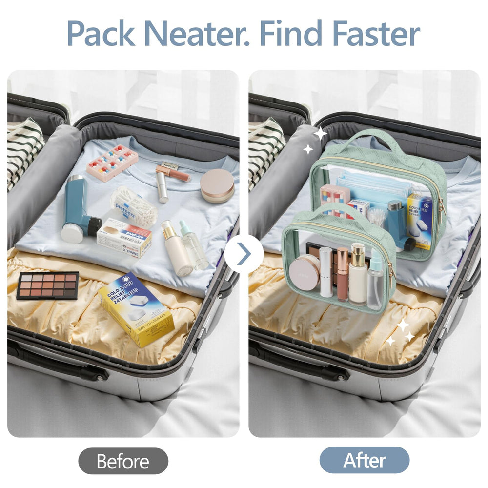 Packism trousse transparente avec poignée, rangement organisé pour essentiels.