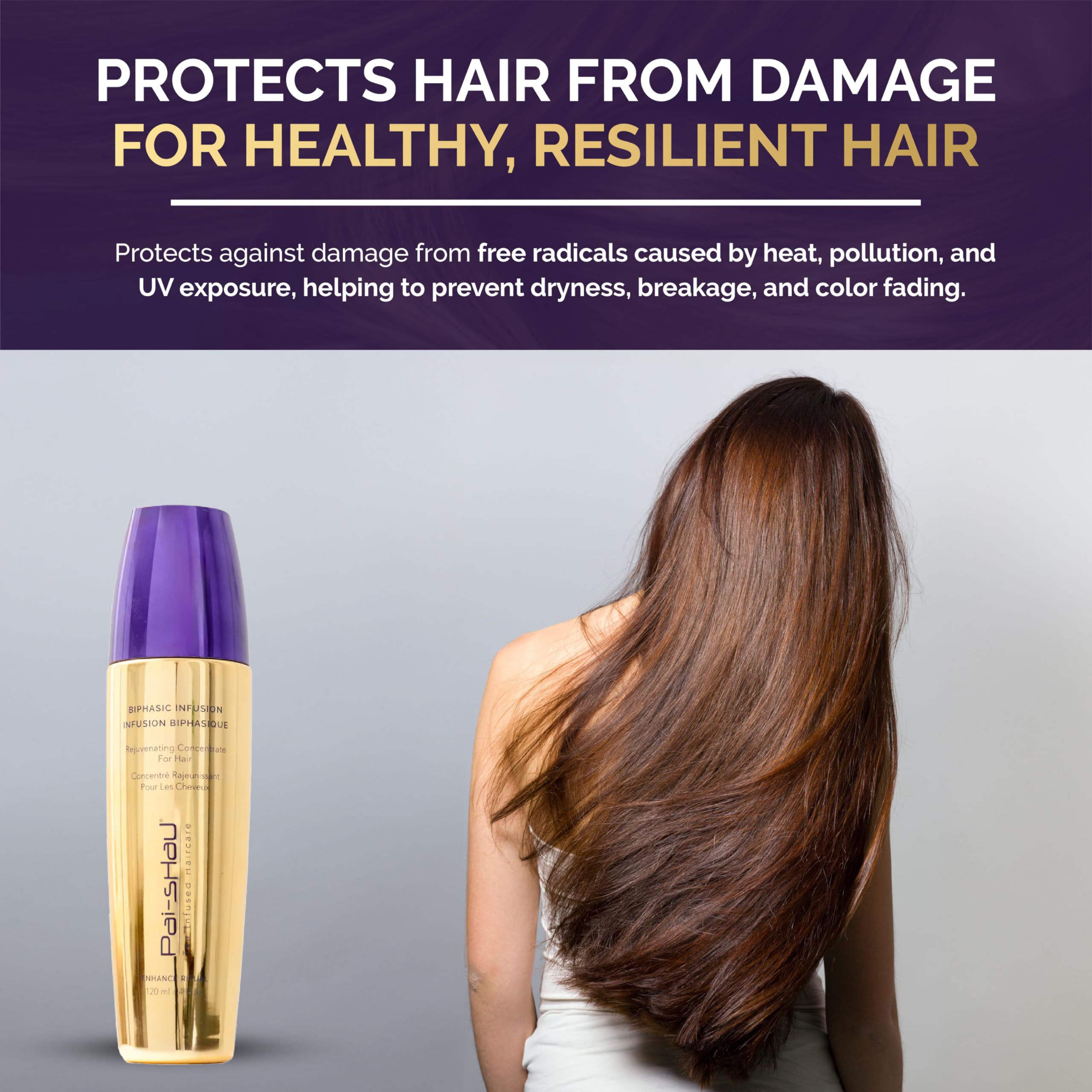 Pai-Shau Infusion Biphasique apporte brillance naturelle et maniabilité aux cheveux.