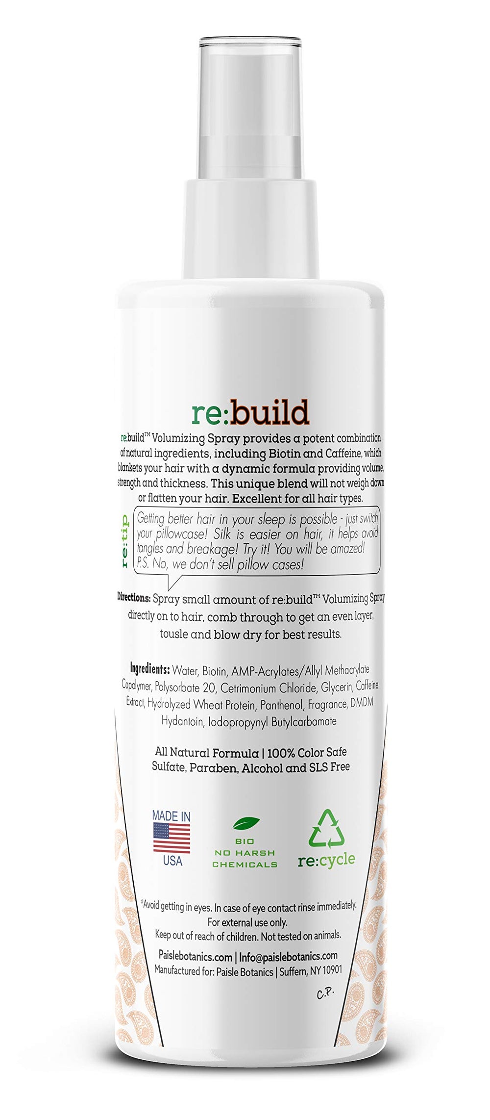 Paisle Botanics volumizing spray shown delivering a fuller feel and soft touch.