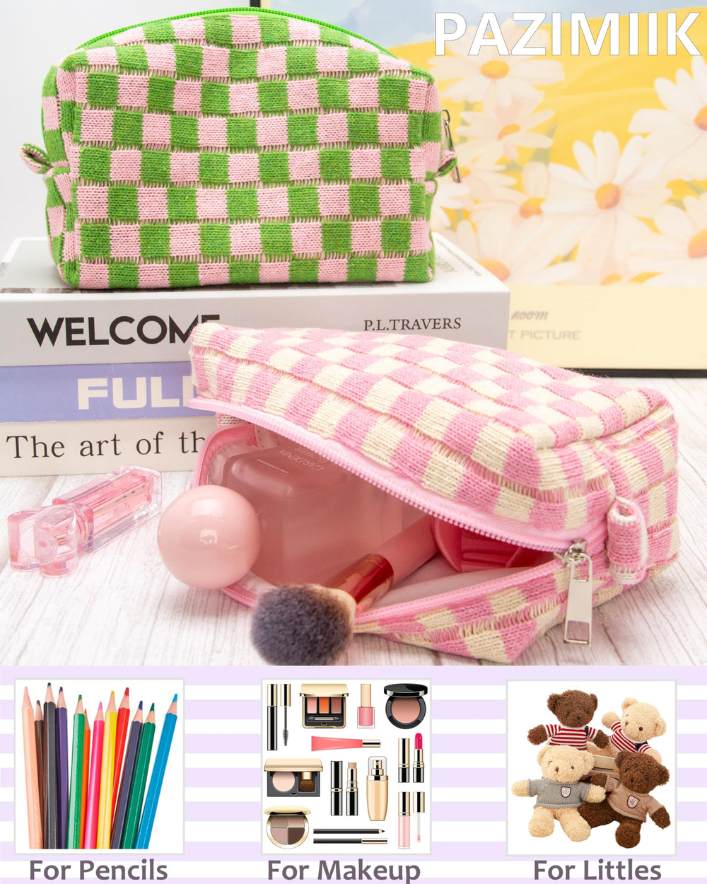 PAZIMIIK pochette à grande capacité pour maquillage, soins et accessoires.