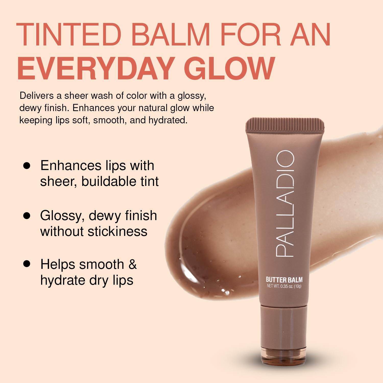 Palladio Butter Balm montre sa teinte satinée subtile sur les lèvres.