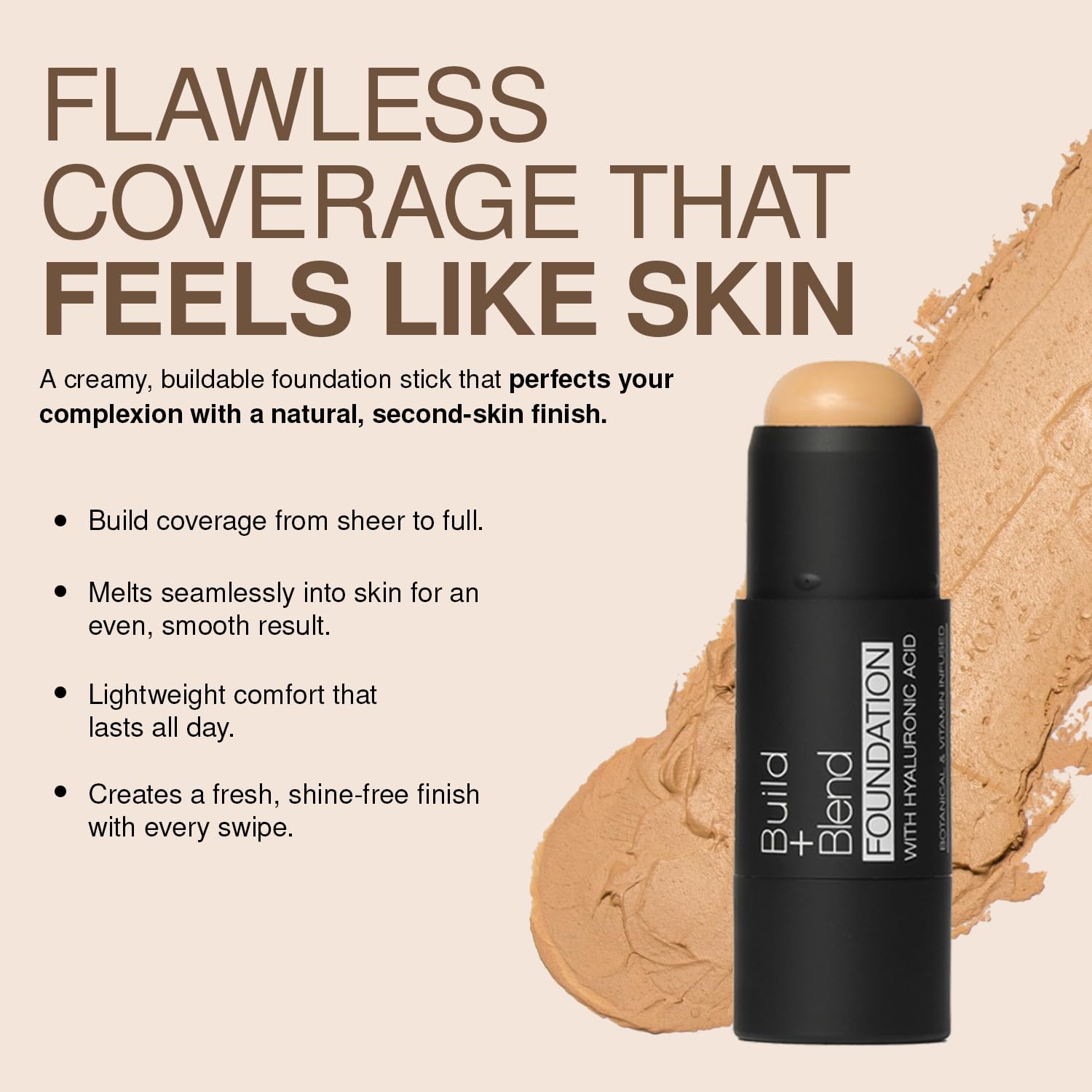 Palladio BUILD & BLEND Foundation Stick – contient acide hyaluronique pour hydratation légère