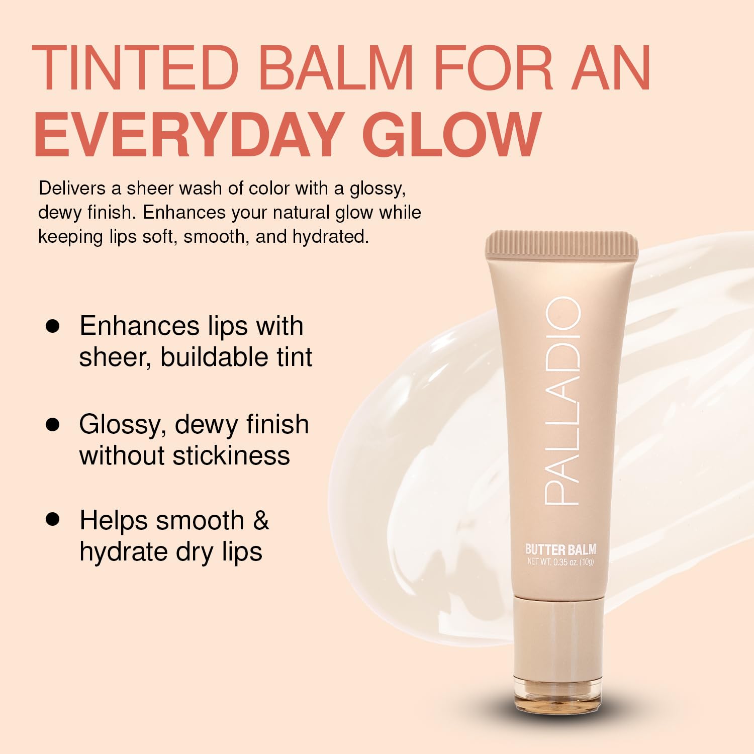 Palladio Butter Balm, teinte subtile sur les lèvres pour un fini naturel.