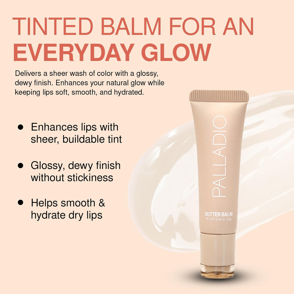 Palladio Butter Balm, teinte subtile sur les lèvres pour un fini naturel.