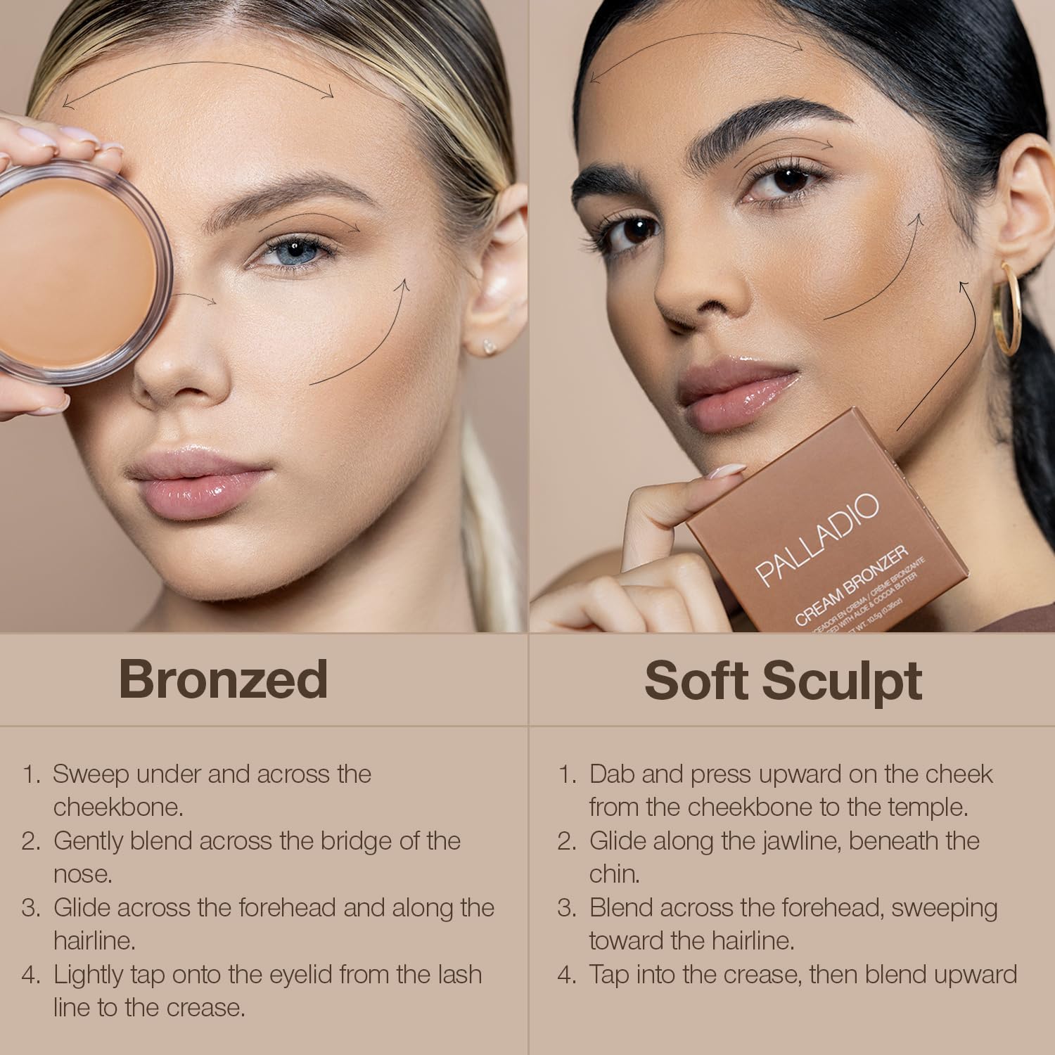 Zoom sur l'emballage Palladio Cream Bronzer dans son boîtier compact.