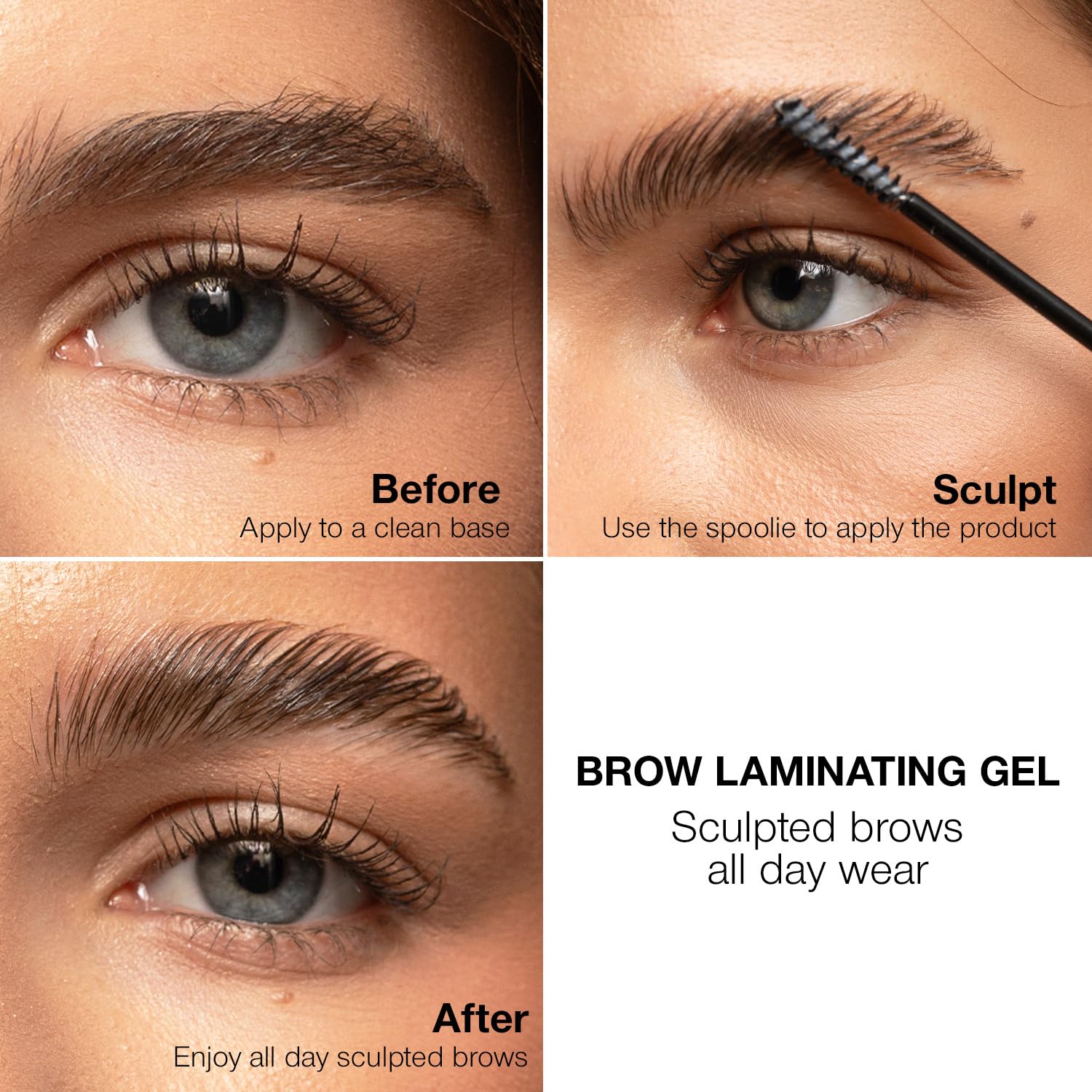 Sourcils lissés avec Palladio gel laminnant pour fini naturel.