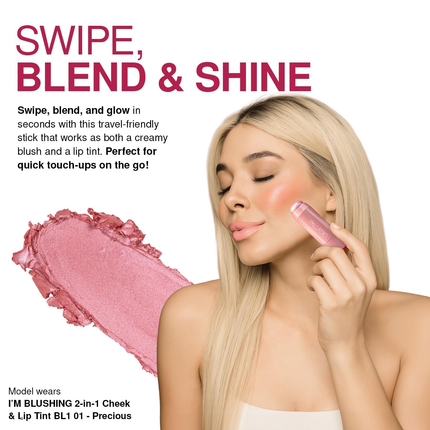 Palladio I'm Blushing 2-en-1 formule hydratante aloès et camomille.