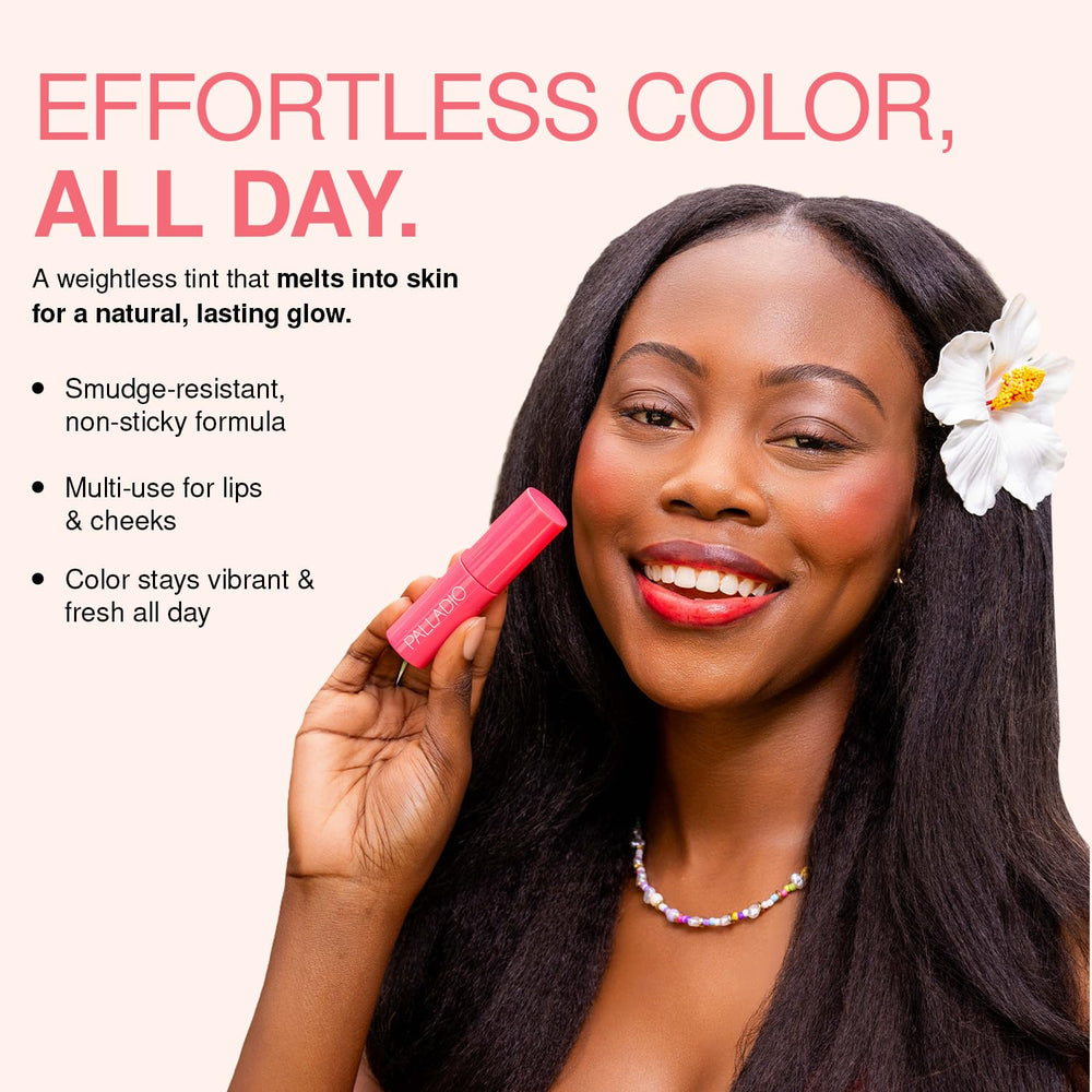 Palladio Jelly Tint — échantillon sur les lèvres, couleur modulable selon l’effet désiré.
