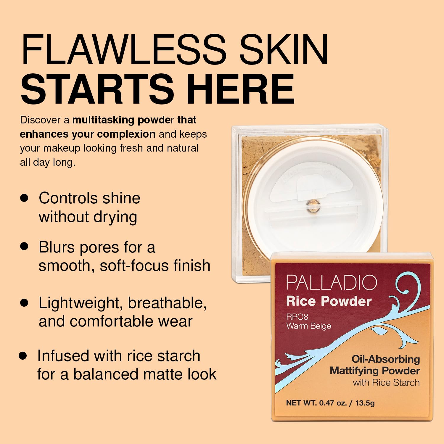 Palladio Poudre de riz, infusion botanique pour peau radieuse.