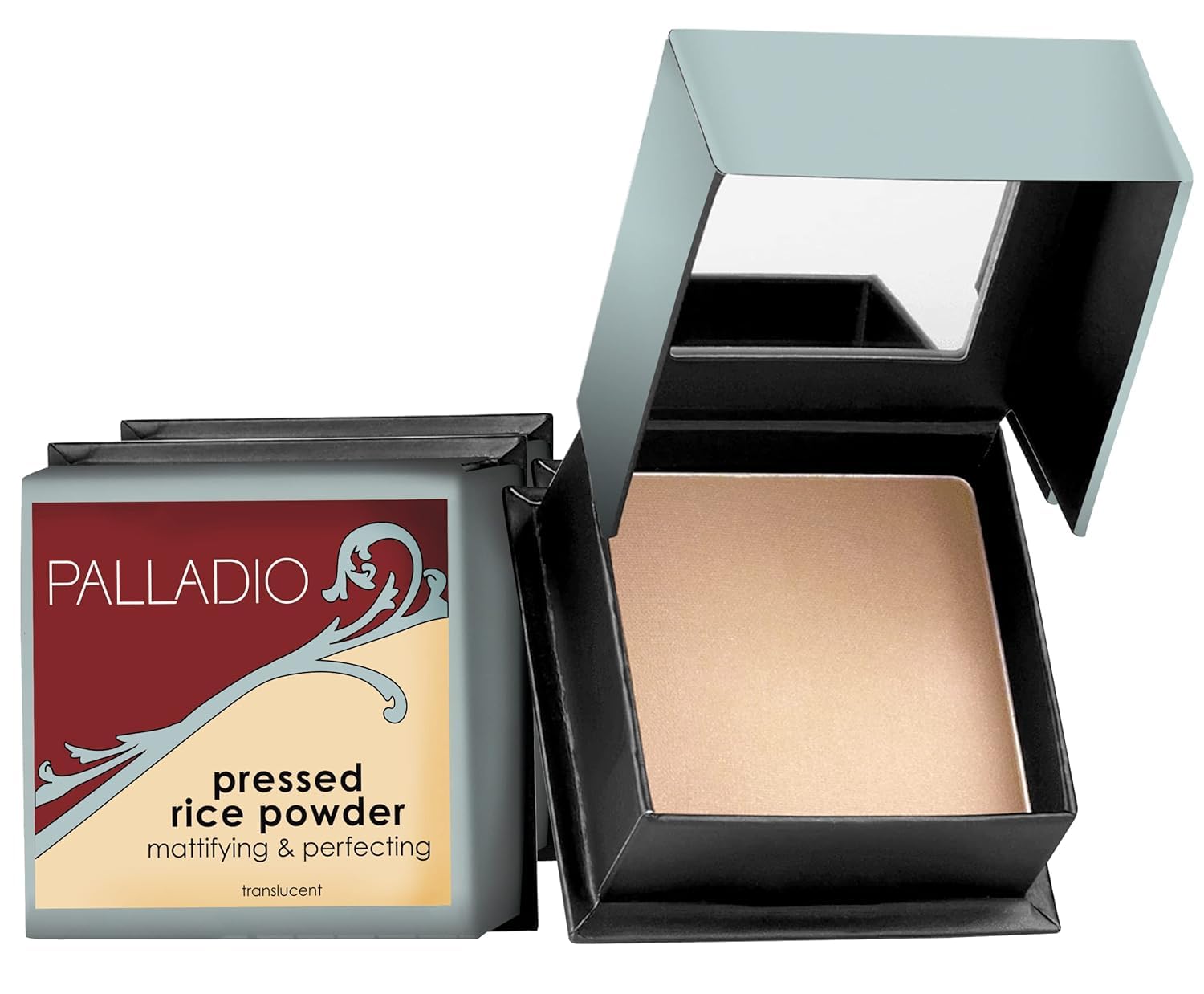 Palladio Poudre Riz Presse Compacte Miroir: fini mat et portable pour retouches rapides.