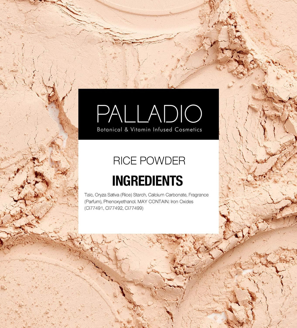 Palladio poudre riz pressée naturelle pratique en voyage et sac à main.