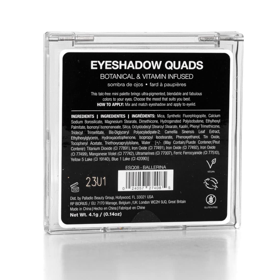 Palladio Quad yeux Ballerina : rendu velouté et pigmentation riche dans une palette compacte.