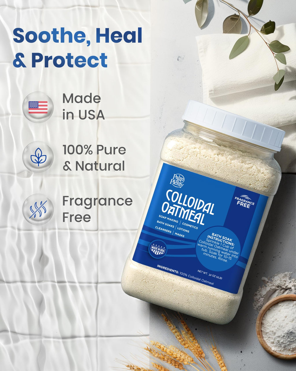 Palm and Plenty avoine colloïdale fabriqué aux États‑Unis, qualité premium pour soins