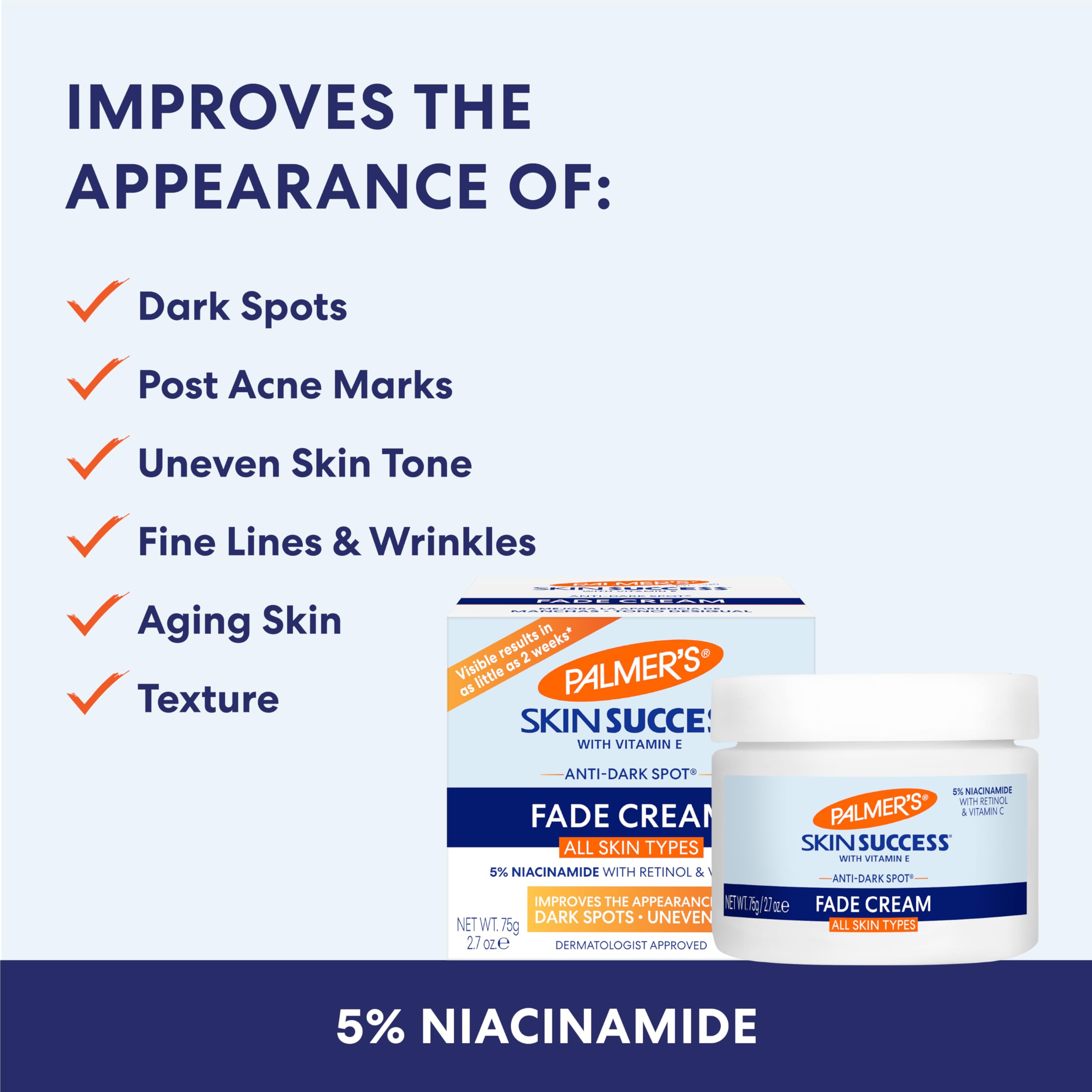 Palmer's Skin Success crème taches sombres, image suggérant uniformité du teint.