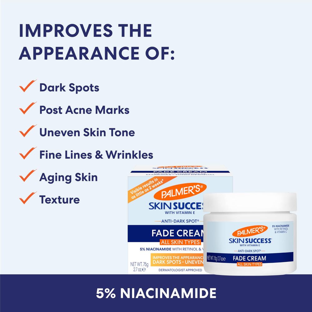 Palmer's Skin Success crème taches sombres, image suggérant uniformité du teint.