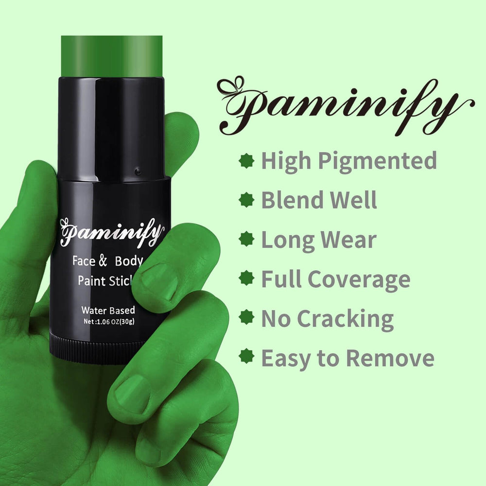 Paminify baton-maquillage vert sombre pour le corps, couleur intense et tenue pratique.