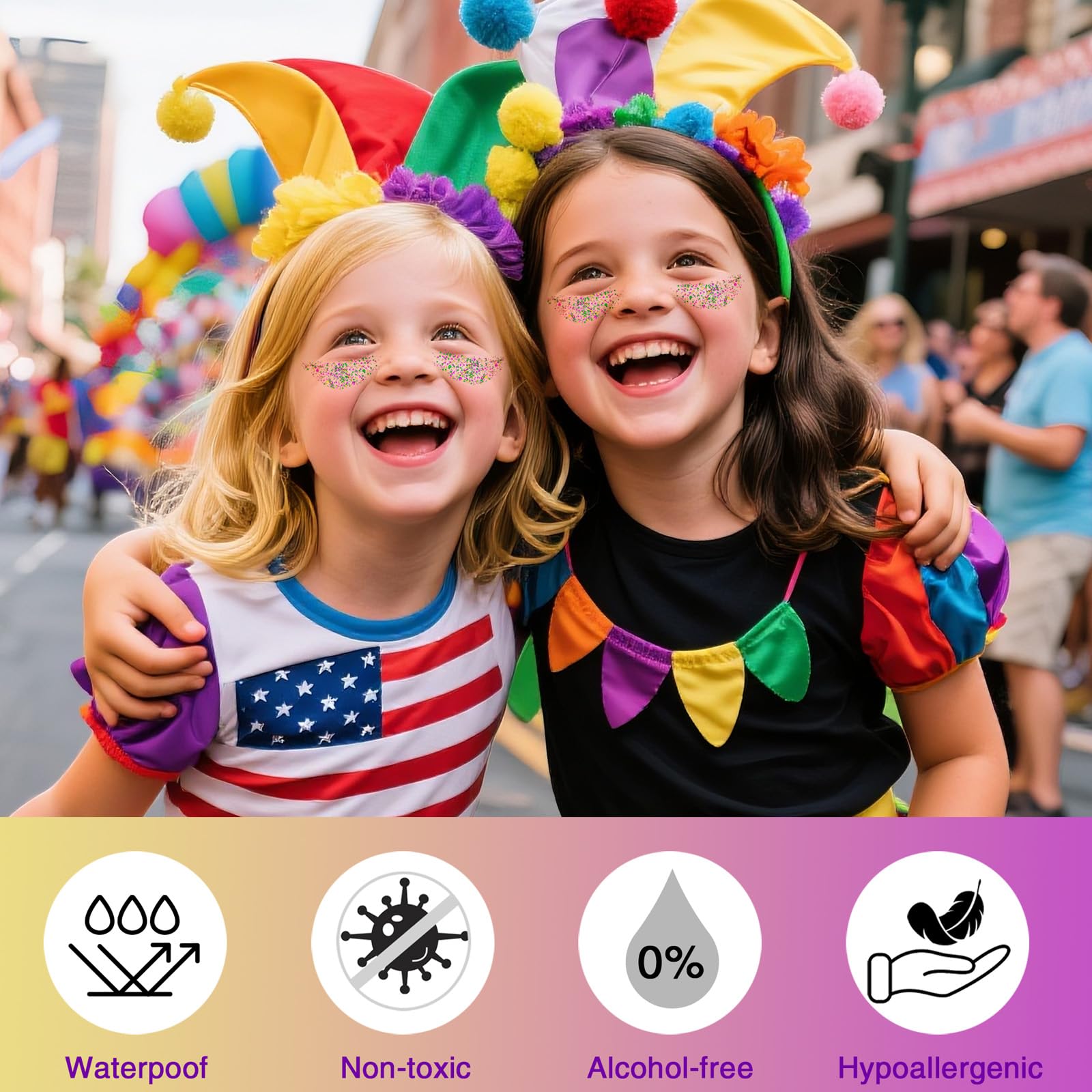 Application rapide du stylo paillettes Mardi Gras sur la peau et les cheveux