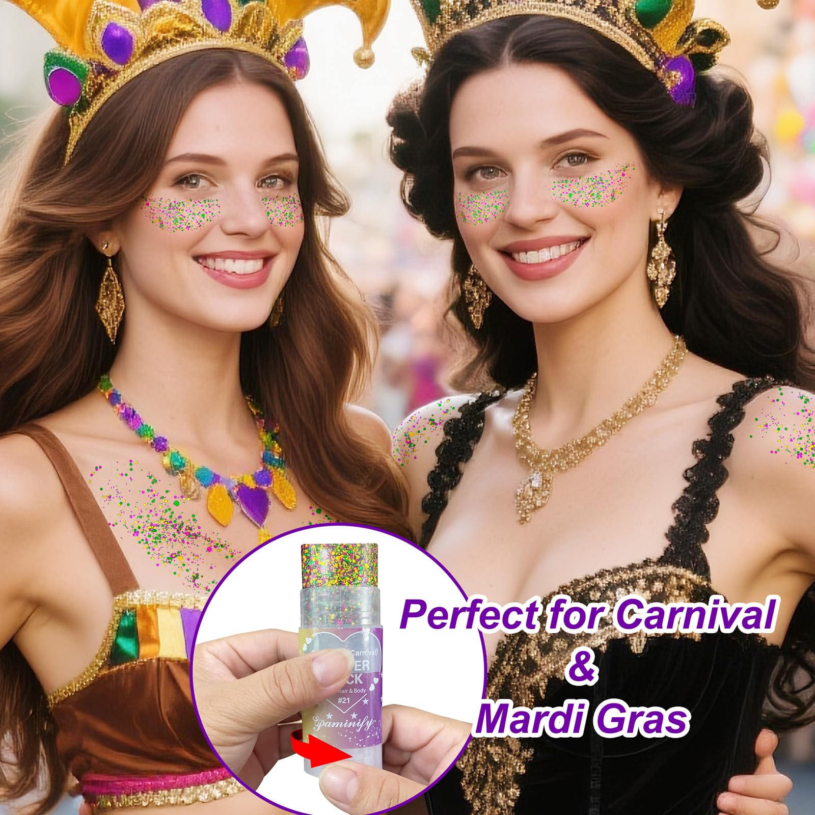 Paminify stylo paillettes Mardi Gras avec teintes or vert violet pour un look festif