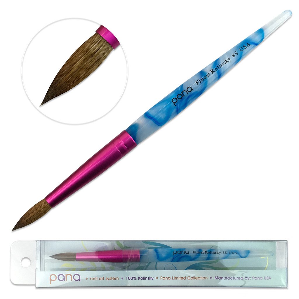 PANA pinceau ongles Kolinsky, vue générale avec swirl bleu et ferrule rose, précision assurée.
