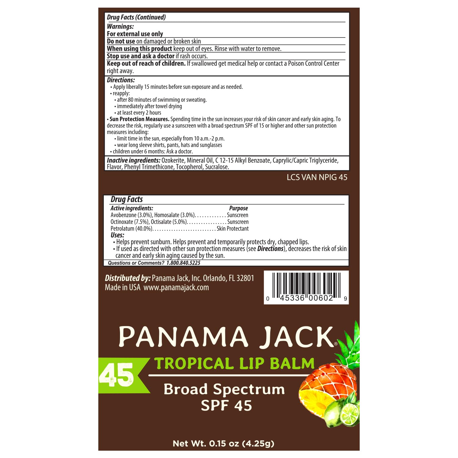 Vanille: baume lèvres Panama Jack texture légère et hydratante