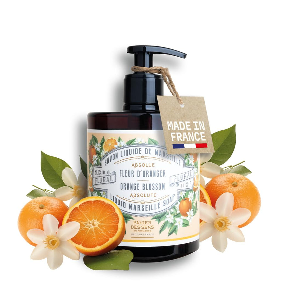 Savon Panier des Sens Oranger Gourmand en bouteille, parfum riche et hydratant.