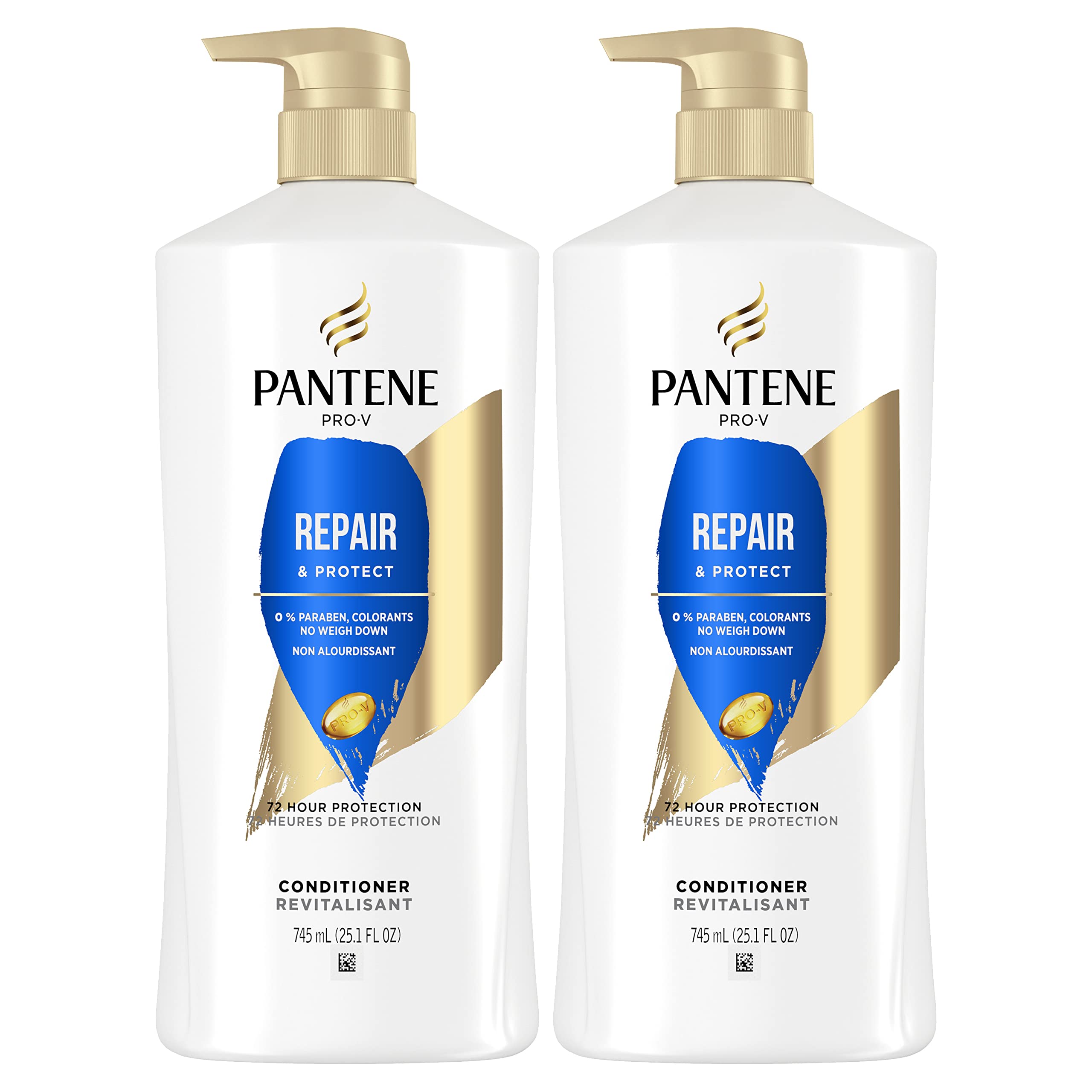 Pantene pack jumeau d'après-shampooing, deux bouteilles visibles pour cheveux plus forts.