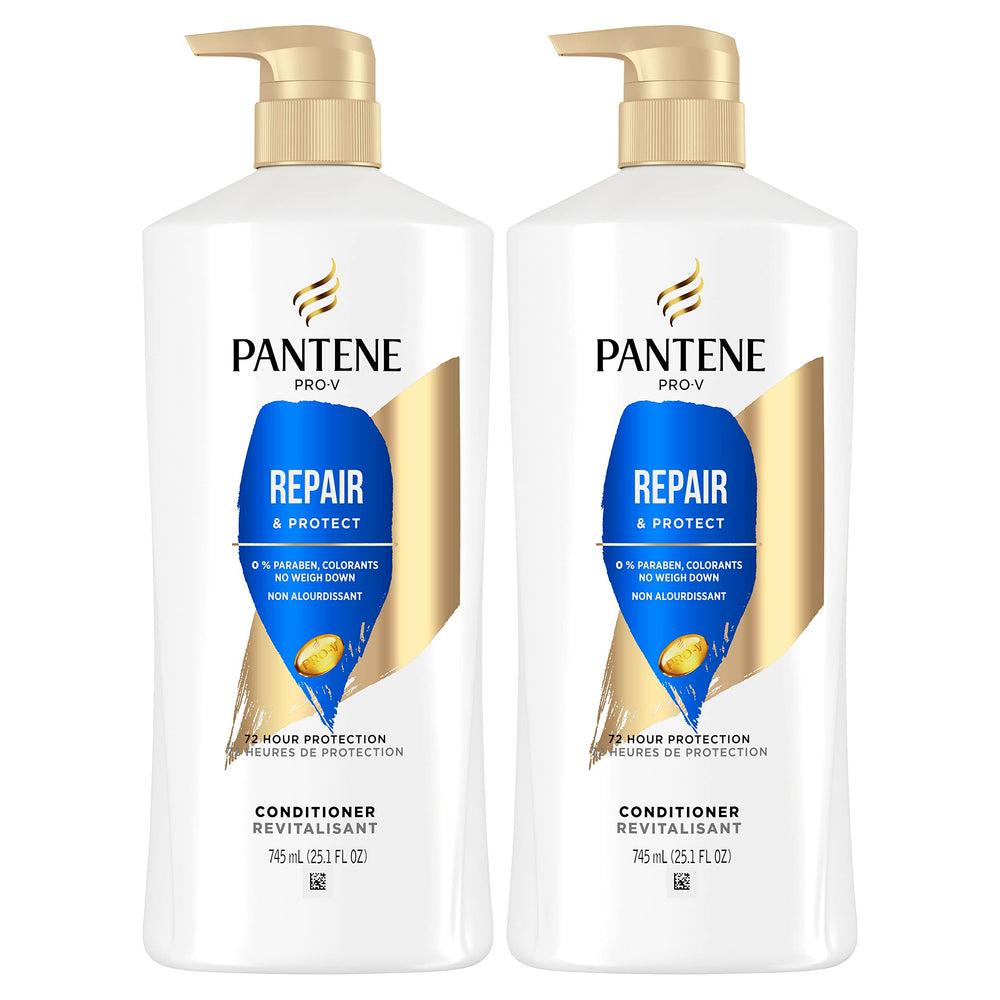 Pantene pack jumeau d'après-shampooing, deux bouteilles visibles pour cheveux plus forts.