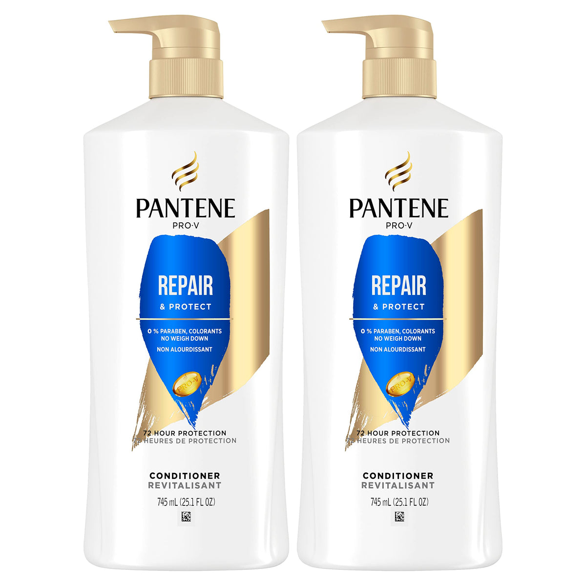 Pantene pack jumeau d'après-shampooing, deux bouteilles visibles pour cheveux plus forts.