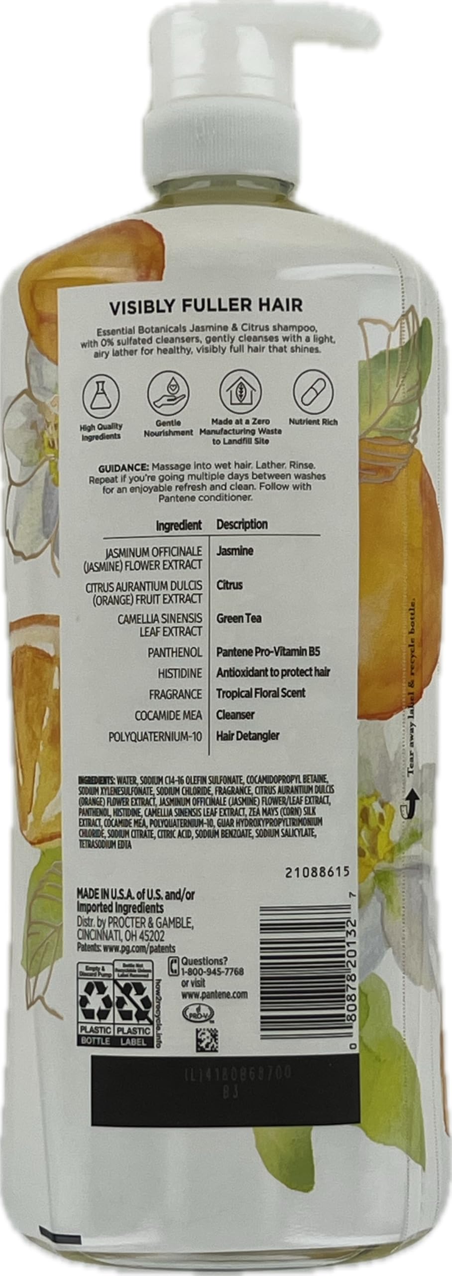 Pantene Essential Botanicals Jasmine & Citrus shampoo pour demonstrates refreshing scent and clean rinse.