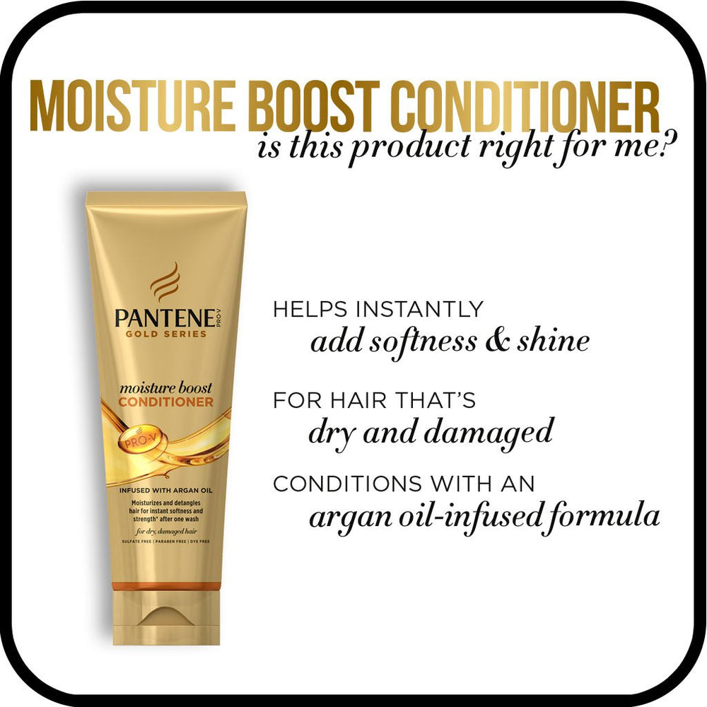 Pantene Gold Series Moisture Boost Conditioner etiquette, soin du label et démêlage facilité