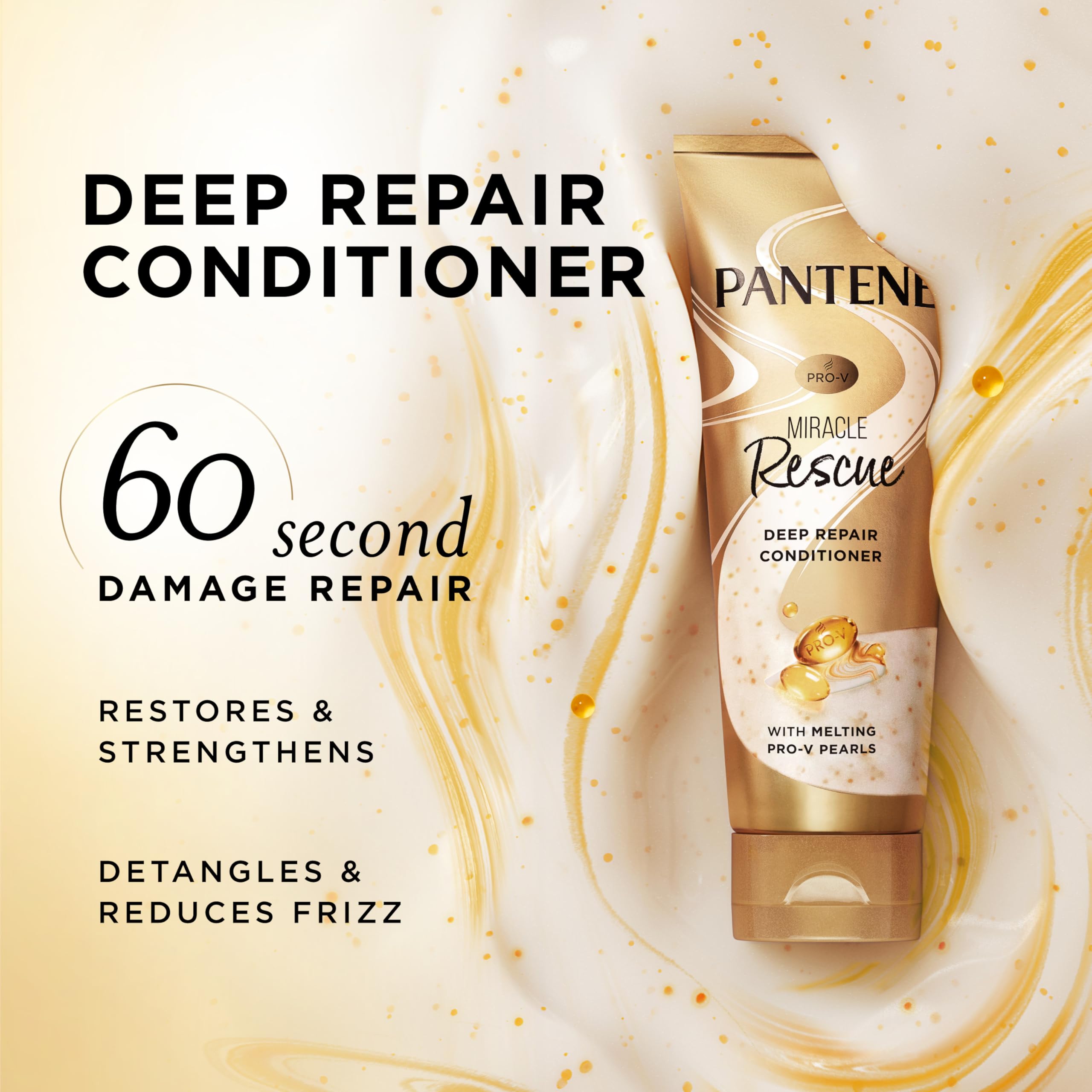 Pantene Miracle Rescue, perles Pro-V fondantes près des cheveux, réparation nourrissante.