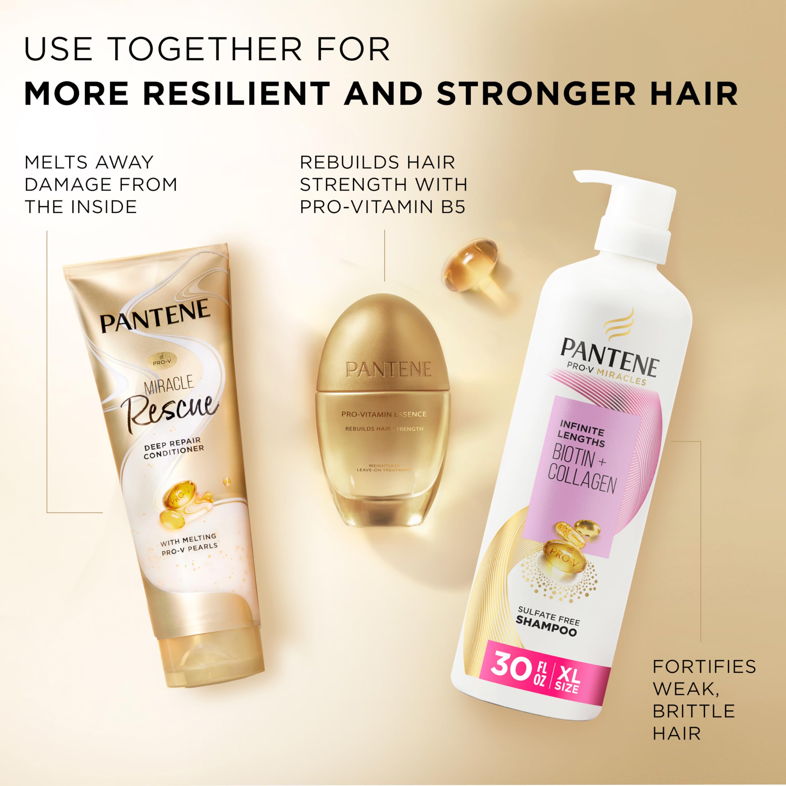 Pantene Miracle Rescue, perles Pro-V fondues dans les cheveux pour douceur et force.
