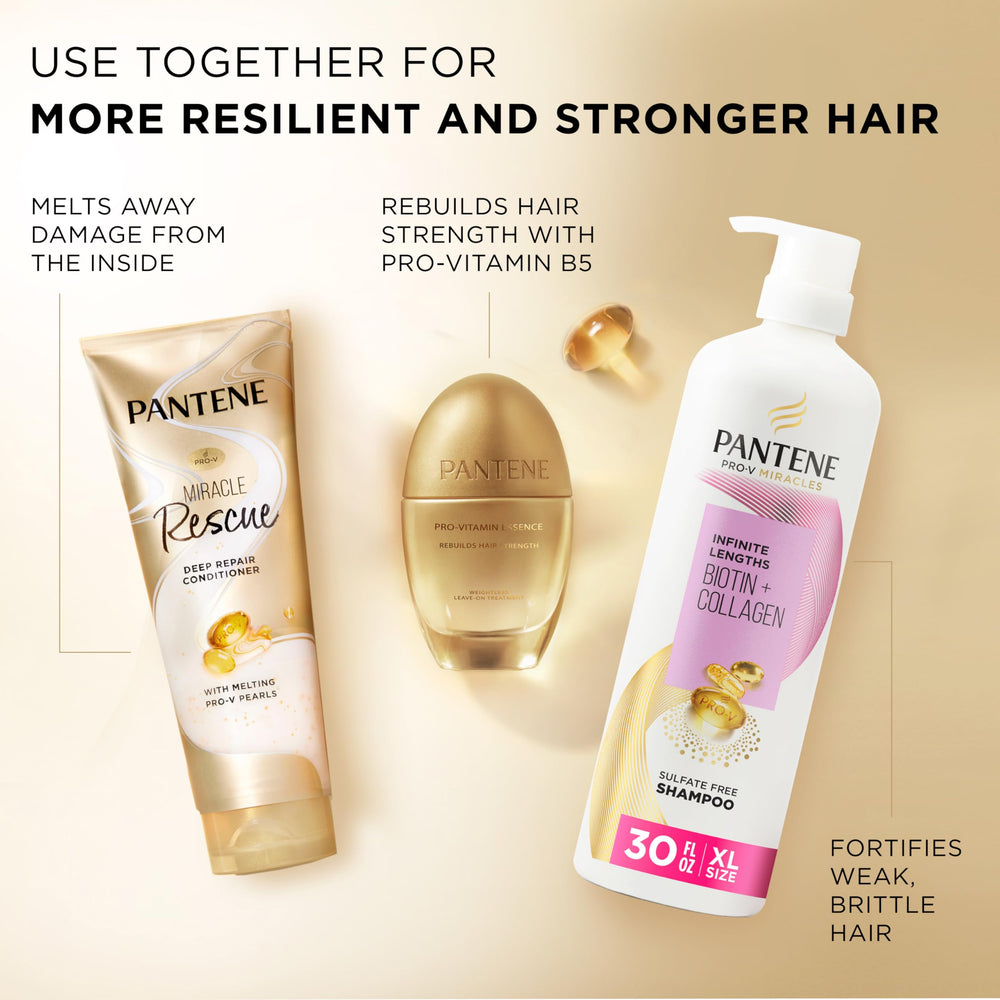 Pantene Miracle Rescue, perles Pro-V fondues dans les cheveux pour douceur et force.