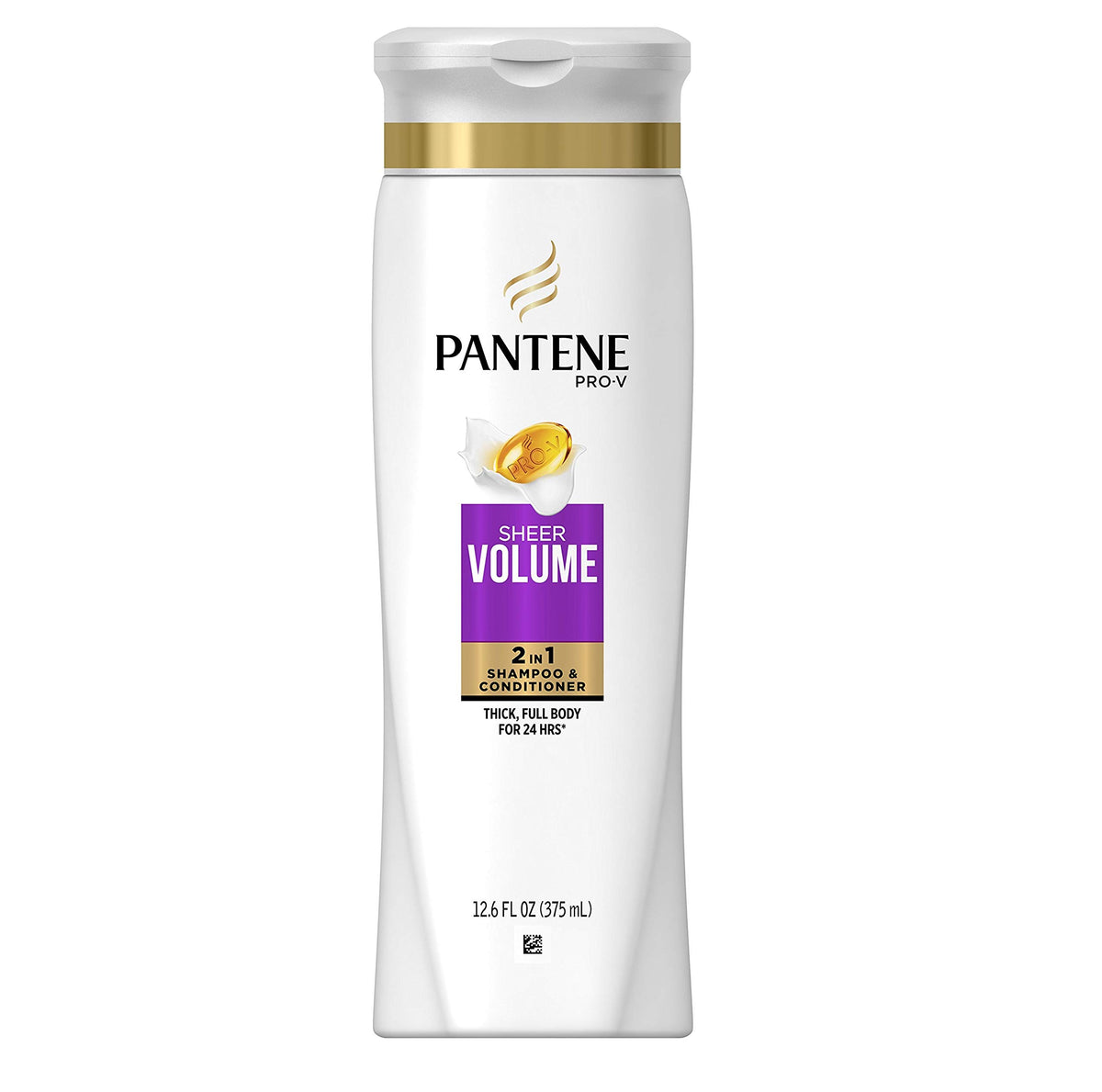 Bouteille Pantene Pro-V 2 en 1 montrant le volume immédiat et la brillance.