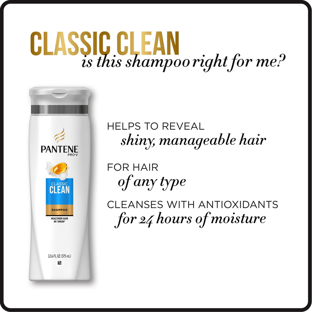 Emballage clair Pantene Pro-V Classic Clean avec informations utiles.