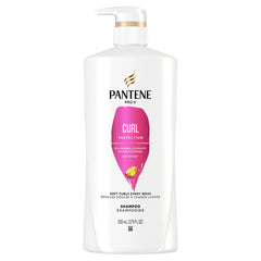 Pantene PRO-V Curl Perfection Shampoo label close-up highlighting nutrient-rich formula for hydrated curls
