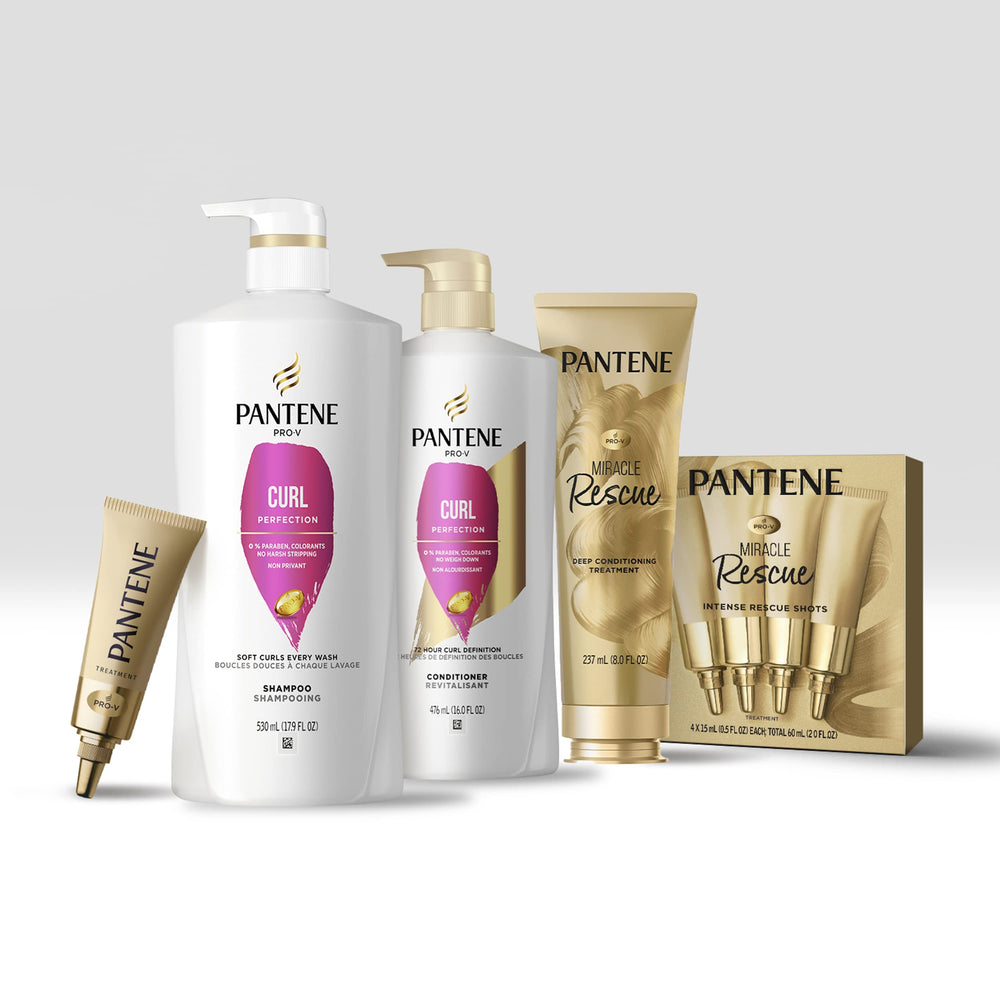 Application scene with Pantene PRO-V Curl Perfection Shampoo leading to smooth curls