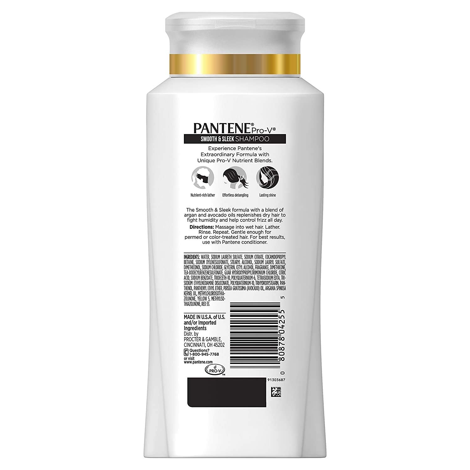 Pantene Pro-V Shampoing Lisse et Soyeux; mousse nourrissante démêlant les cheveux.