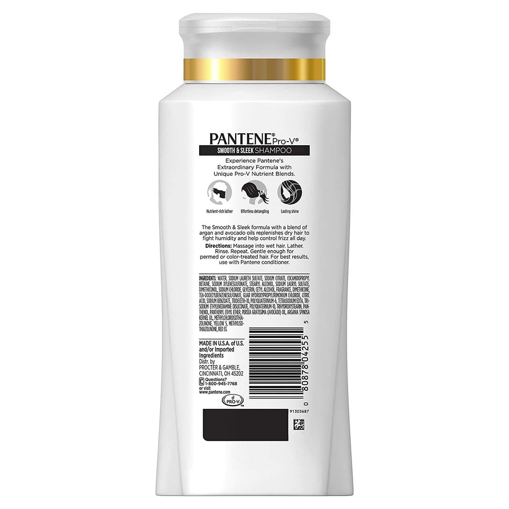 Pantene Pro-V Shampoing Lisse et Soyeux; mousse nourrissante démêlant les cheveux.