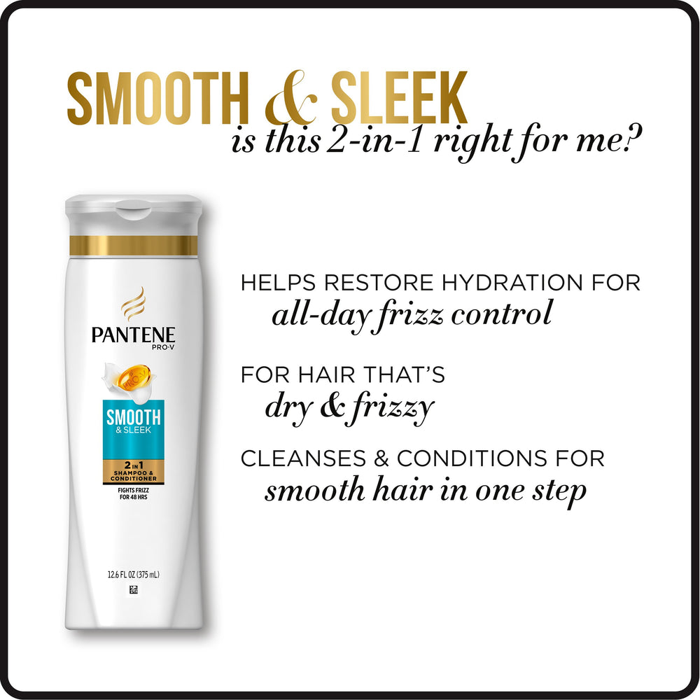 Pantene Pro-V Smooth & Sleek 2 en 1 – brillance durable et toucher soyeux.