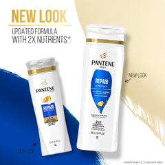 Pantene 2 en 1: avant/après, cheveux brillants et soyeux.