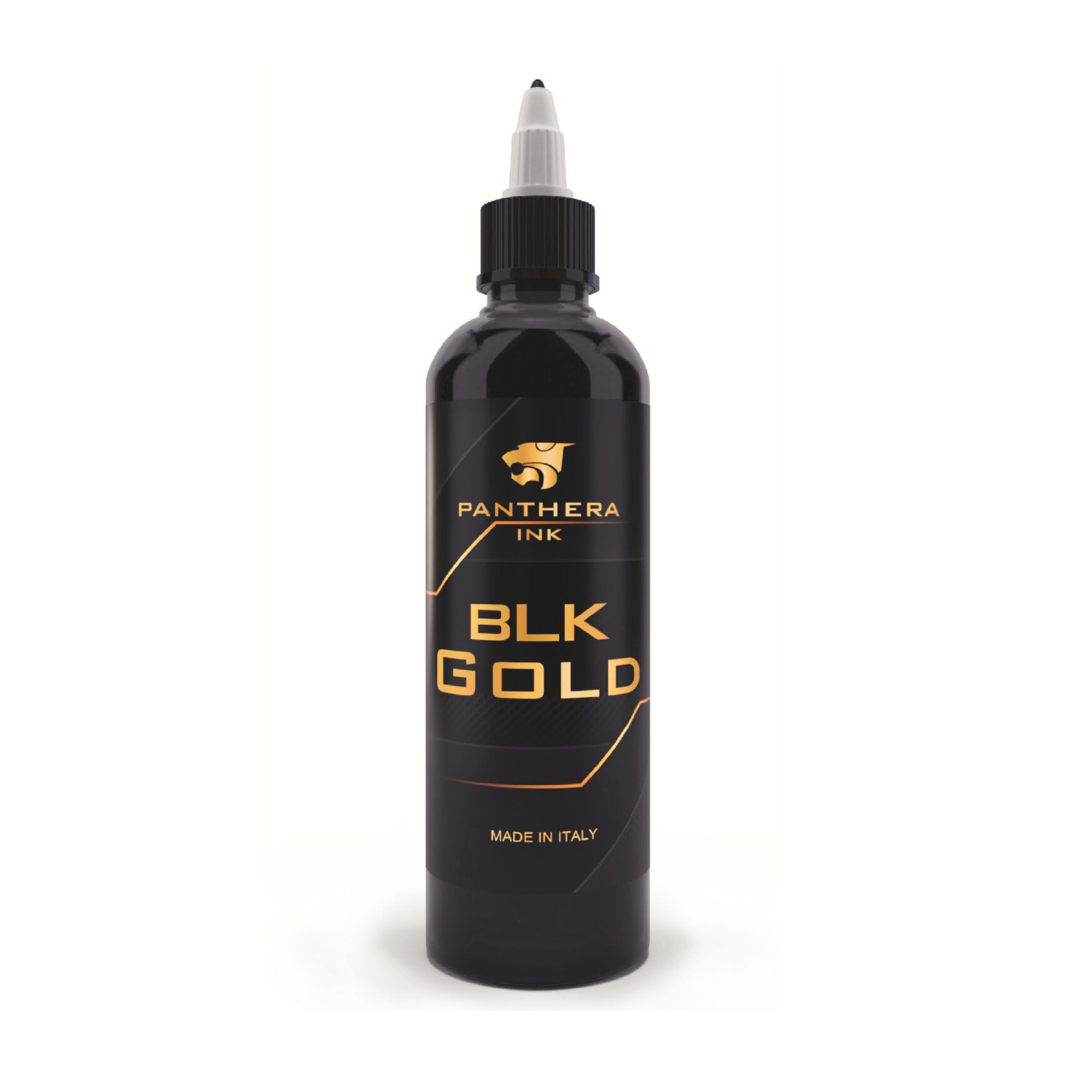 Encre Panthera Noir Or – bouteille élégante pour des résultats profonds et durables.