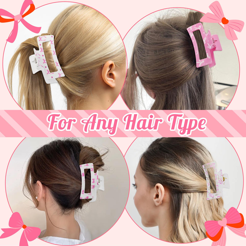 Pantide pinces-banane rectangle coquette rose, adaptées à cheveux épais et bouclés