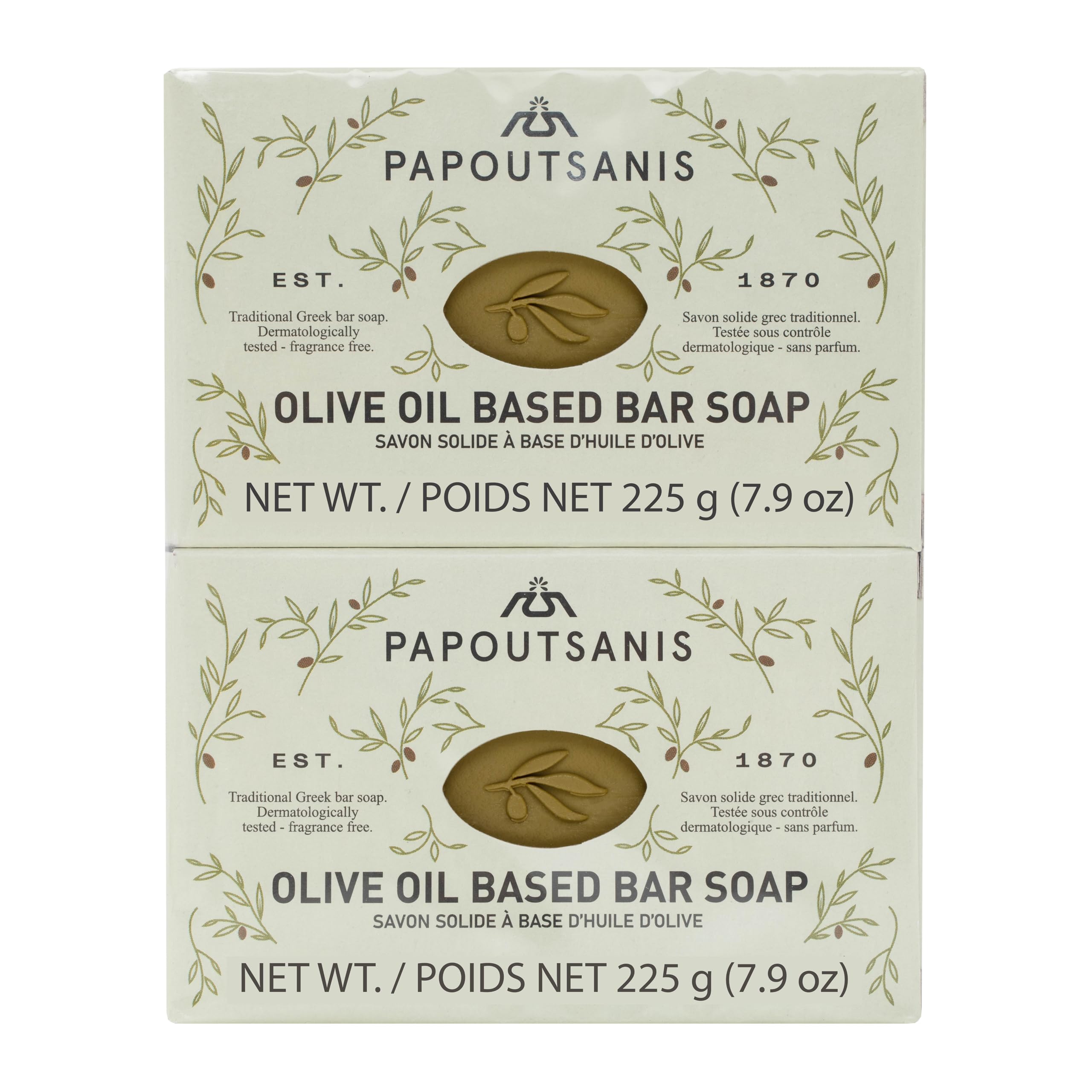 Papoutsanis savon à huile d'olive naturel, barre durable idéale pour la douche quotidienne.