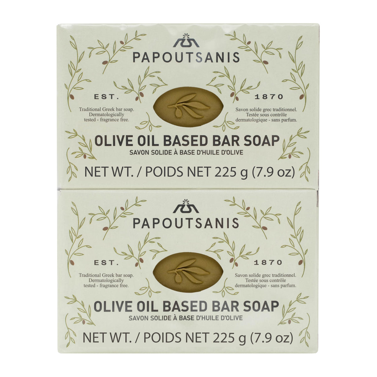 Papoutsanis savon à huile d'olive naturel, barre durable idéale pour la douche quotidienne.