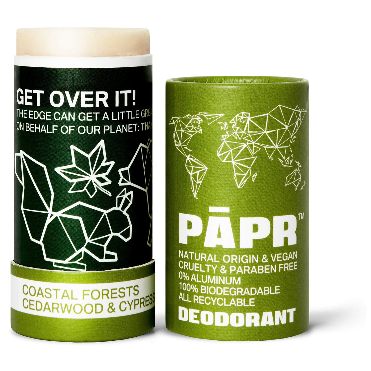 PĀPR déodorant naturel avec emballage papier forêt côtière, option zéro déchet.