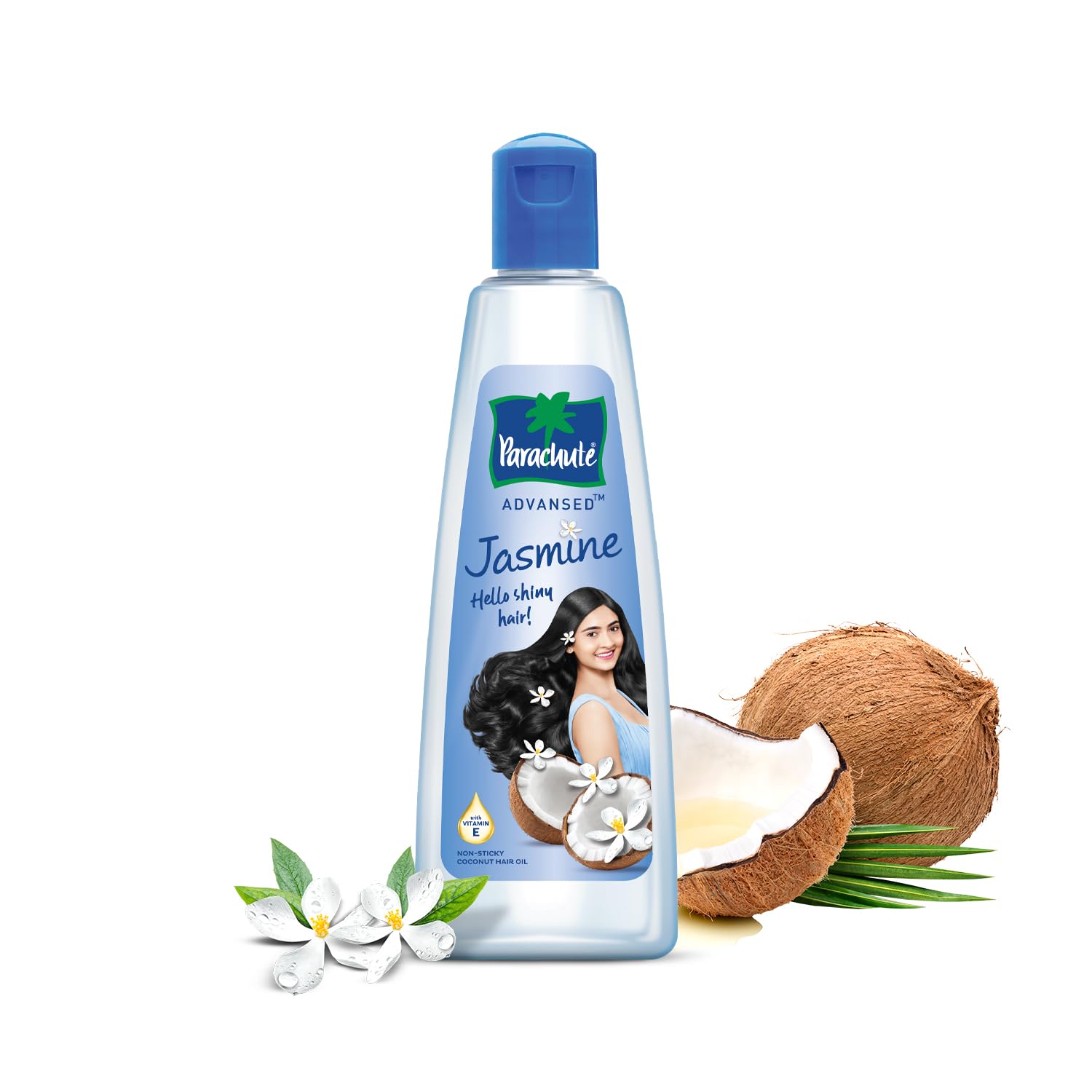 Parachute Advansed Jasmine sur la bouteille d'huile de coco pour cheveux.