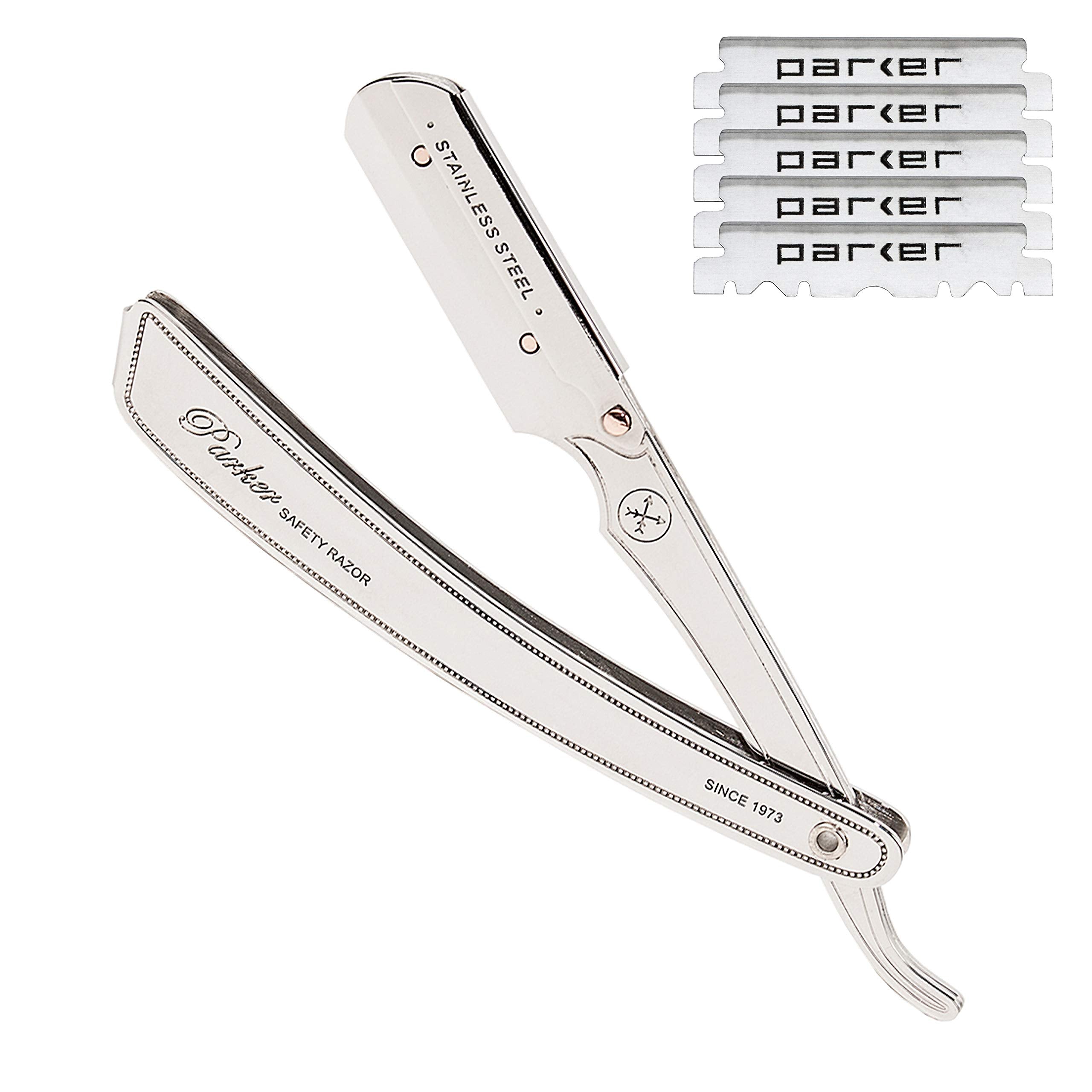Parker SRX rasoir droit en acier inox, équilibre et durabilité pour un rasage précis.